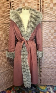 Vintage 60's 70's Smug Penny Lane Fur Belted Coat w Hood Rust Boho Hippie Med - Picture 1 of 20