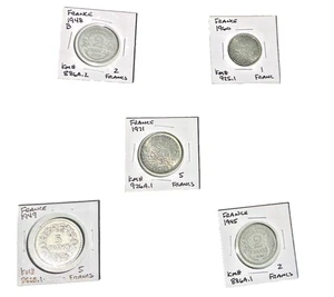 French 2 Francs 1945, 2 Francs 1948, 5 Francs 1949, 1 Francs 1960, 5 Francs 1971 - Picture 1 of 12