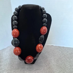 Statement Necklace Black Red Bead Chunky Costume Jewelry Unsigned - Picture 1 of 7