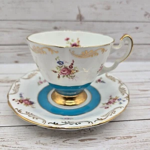 RIDGWAY ROYAL ADDERLEY White & Turquoise Cup & Saucer Brushed Gold Rim & Trim - Picture 1 of 7
