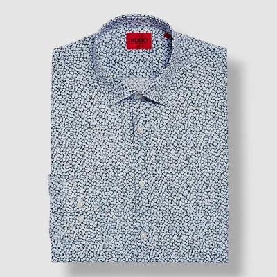 Hugo Boss Men's Blue Floral Collared Kenno Button-Up Dress Shirt Size 14.5 - Image 1 of 2