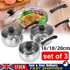 3Pc/Set Induction Non Stick Stainless Steel Cookware Kitchen Glass Lids Pot Pan - Picture 1 of 11