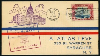 Boise Idaho to Syracuse New York 1928 New 5c Rate First Airmail Flight Cover  - Image 1 of 2