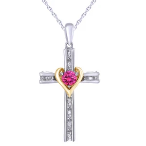 Sapphire & Diamond Cross Pendant 14K Gold Plated Sterling Silver - Picture 1 of 6