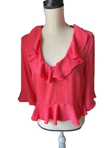 👚🧡TopShop Ruffle Neck Peplum Coral Top Size 8 No Belt - Picture 1 of 6
