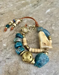 Bohemian Bracelet Blue Apatite Gemstone and African Tribal Beads - Picture 1 of 14