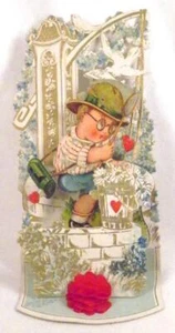 Valentine Card Boy Wishing Well Honeycomb Fold Out Die Cut Germany Vintage #32 - Picture 1 of 8