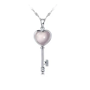 Key Necklae 14k White Gold Plated Love Heart Stone Key Pendant Necklace 18" - Picture 1 of 7