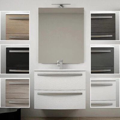 MOBILE ARREDO BAGNO SOSPESO CURVO 75 CM 2 CASSETTI LAVABO SPECCHIO LED STELLA - Immagine 1 di 4
