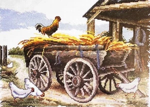 Country Threads HAY RIDE Counted Cross Stitch Kit  Chickens  Cart Barn  **RARE** - Imagen 1 de 3
