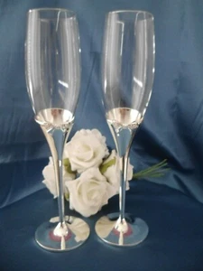 Wedding Champagne Toasting Flutes Crystal Glasses Silver Plated Bow - Picture 1 of 2