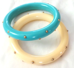 Kenneth Lane KJL Set Of 2 Cream/Turquoise Bangle Bracelets/Baby Gold Tone Beads