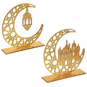 2 Pieces Wood Ramadan Decorations Islamic Eid Mubarak Kareem Table Sign Moon ... - Picture 1 of 7