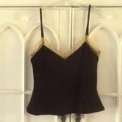 MUJER EN GOSSAMER MARRÓN TERCIOPELO CUENTAS CORREA ESPAGUETI CUELLO EN V TOP TALLA L Foto 1 de 4