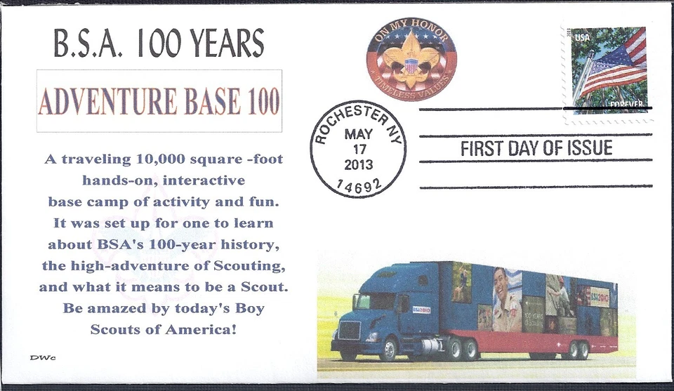 BSA -  ADVENTURE BASE 100 - 100 YRS   BOY SCOUTS     FDC- DWc  CACHET - Image 1 of 1