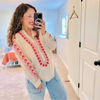 J. Crew Tan Pink Embroidered Linen Tunic Top Small - Image 1 of 4