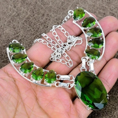 925 Sterling Silver Green Peridot Gemstone Handmade Jewelry Necklace Size-18" - Image 1 of 4