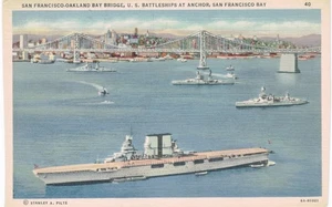 San Francisco US Navy Battleships At Anchor Military Linen 1940 CA - Picture 1 of 2