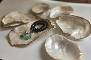 Handcrafted  Decoupaged White Pearl Floral Oyster Shell W/ Gold Accents Set 6  - Picture 1 of 4