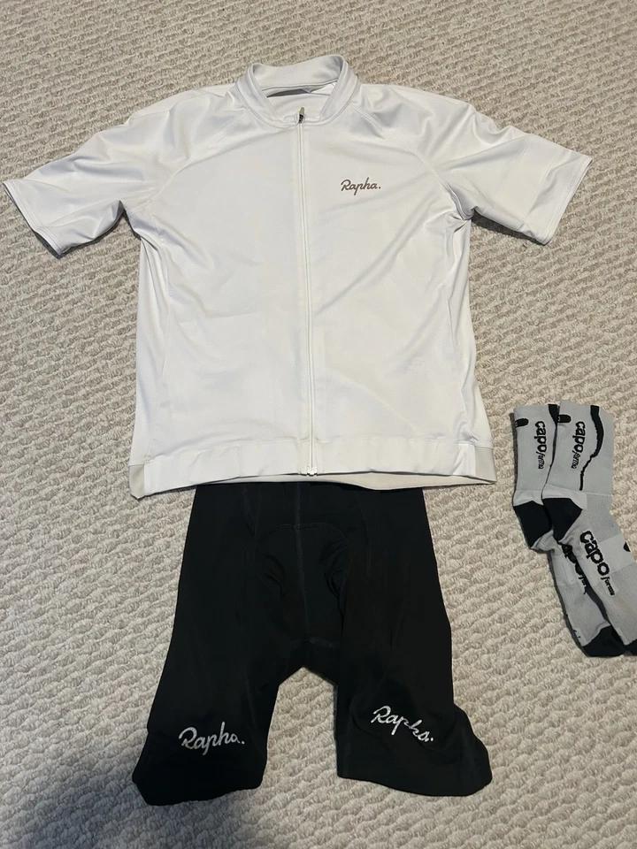 Rapha Men’s Cycling Kit- White Jersey(L), Black Bibs (M), White Capo(M) Socks - Image 1 of 4