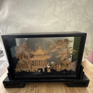 Vintage Chinese San You Cork Art Hand Carved Diorama Pagoda Cranes Trees 9”x6” - Picture 1 of 9