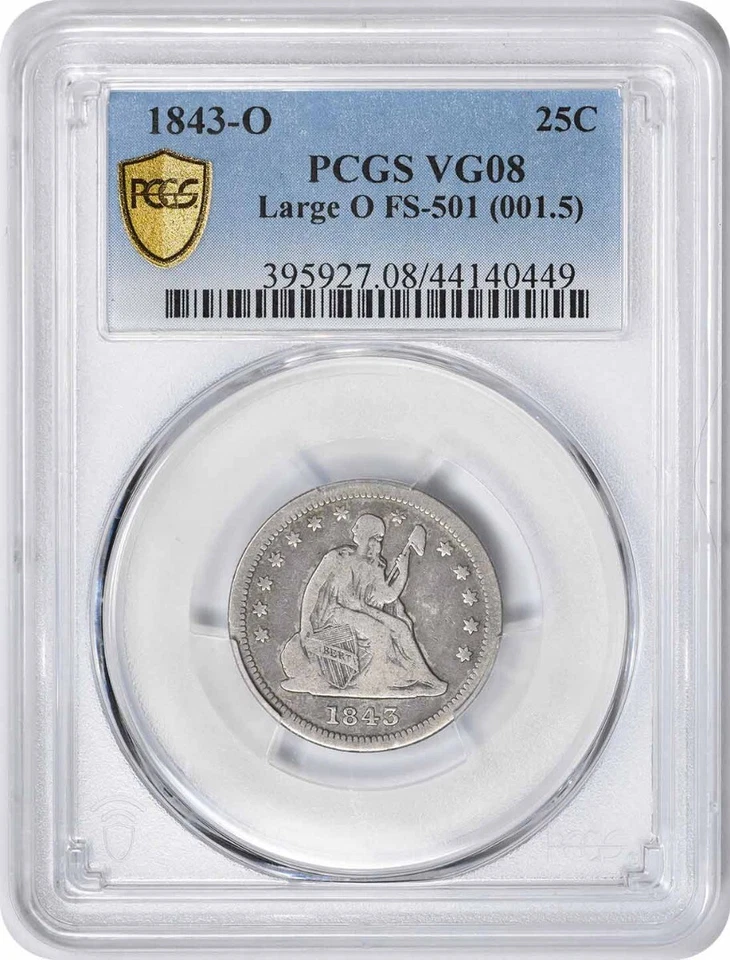 1843-O Liberty Seated Quarter Large O FS-501 VG8 PCGS - Image 1 of 2