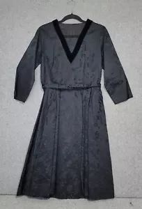 VTG Black Silk Dress Women Small 50s 60s Hong Kong Velvet Trim Floral A Line  - Picture 1 of 16