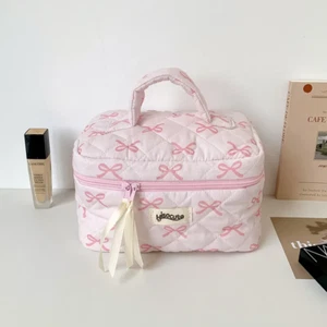 Cute Pink Bow Quilting Pink Cosmetic Cotton Makeup and Travel Bag Zipper - Picture 1 of 6
