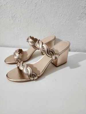 Stuart Weitzman Twistie Rose Gold Leather Slip On Block High Heel Sandals 10.5 - Image 1 of 4