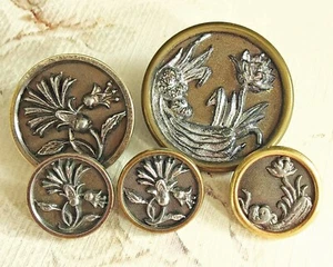 5 Antique Metal Flower Picture Buttons ~ Pewter on Brass ~ 9/16" to 1-1/16" - Picture 1 of 6