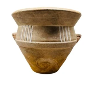 Handcrafted Rustic Pottery Vase with Geometric and Swirl Design - 7" x 7.5" - Picture 1 of 7