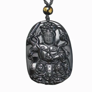 Natural gemstone black obsidian Guanyin Kwan-yin necklace pendant with chain - Picture 1 of 6
