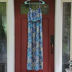 Fire Los Angeles Blue Multicolored Print  Spaghetti Straps Maxi Dress S - Picture 1 of 15