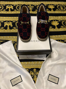 NEW IN BOX Gucci Fria Wool Monogram GG Logo Blue & Red Loafer Slippers Sz G 37.5