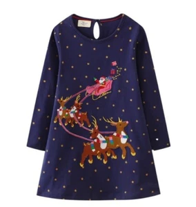 NEW Christmas Santa Sleigh Reindeers Girls Blue Long Sleeve Tunic Dress - Picture 1 of 3