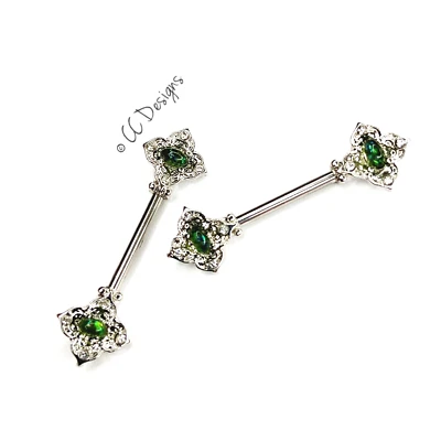 14g White Sparkle Cz Green Resin Faux Opal Star Flower nipple rings J133 - Image 1 of 2