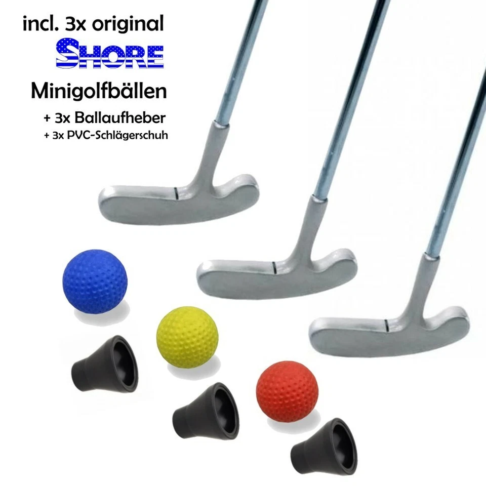 GOLFAS Minigolfset TRIPLE 9-teilig - je 3x Schläger + Ball + PickUp | für Erwachsene
