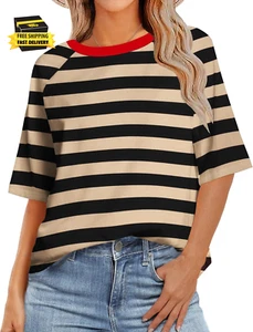 Womens T Shirts Summer Casual Oversized Crewneck Loose Fit Short Sleeve Striped  - Picture 1 of 6