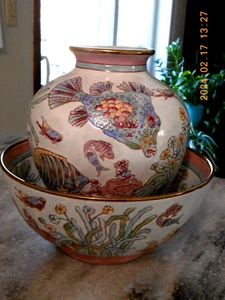 Seltene, Vintage, Chinesische Macau Import Handbemalte Schale und Vase, 9x5 b, 9,5x7v - Bild 1 von 11