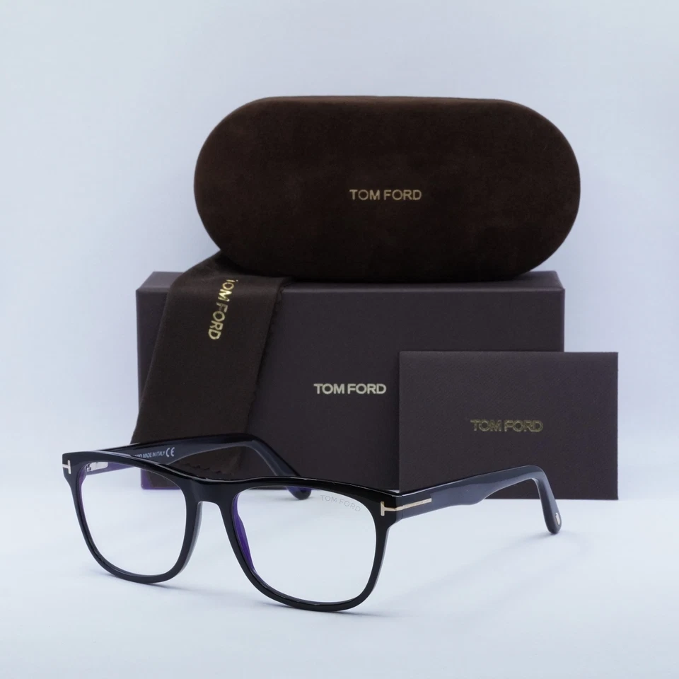 Tom Ford Soft Ft5662-b 001 Shiny Black Square Blue Block Eyeglasses 54mm