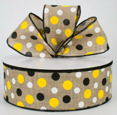 1.5"/2.5" Wired ribbon yellow white black polka dots bee canvas 5yd CHOOSE WIDTH - Image 1 of 4