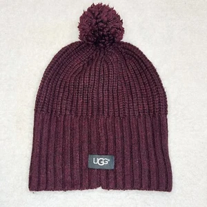 UGG Australia Adult Cable Knit Beanie Hat Pom Pom OSFM Maroon Red Logo - Picture 1 of 9