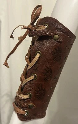 AZTEC HANDMADE ETHNIC HAND STAMPED BROWN LEATHER BRACER COSPLAY COSTUME LARP - Image 1 of 4