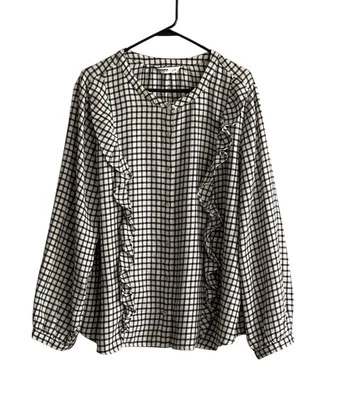 Top de franela a cuadros Sonoma talla 2XL con volantes abotonados negro marfil cuadros campesino Foto 1 de 4