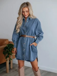 Button Up Collared Neck Long Sleeve Denim Dress - Picture 1 of 6