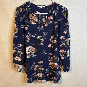Nueva Blusa Stitch Fix Azul Marino Floral Cuello Dividido Manga 3/4 Para Mujer Talla Pequeña - Imagen 1 de 6