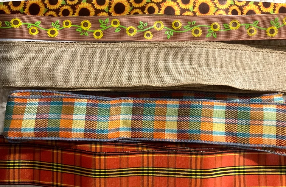 4 1/2+ Yards Assorted Fall Ribbon Sunflowers Green Orange Plaid Floral Ribbon - Imagem 1 de 1