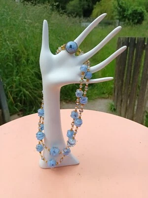 ancien collier  2 rangs perles pâte de verre bleu ciel années  1950/1960 - Photo 1/4