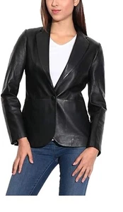 Jacket Leather Blazer Size Womens Women Button Vintage Size Suede Coat Black 16 - Picture 1 of 4