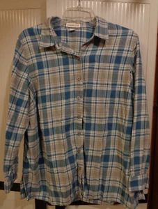 WOMEN 1X COLDWATER CREEK L/S BLUE & TAN PLAID COTTON FLANNEL BUTTON DOWN BLOUSE - Picture 1 of 6